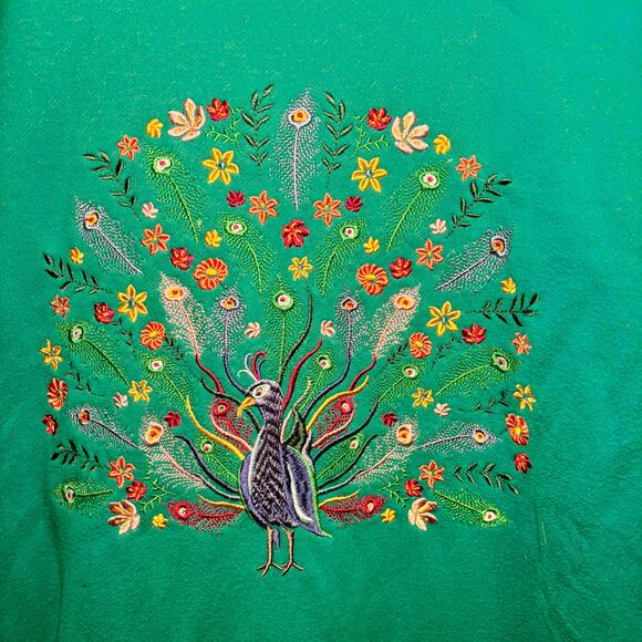 Vintage Teal Peacock Embroidered Sweatshirt Crewneck Pullover Unisex M - Picture 4 of 5